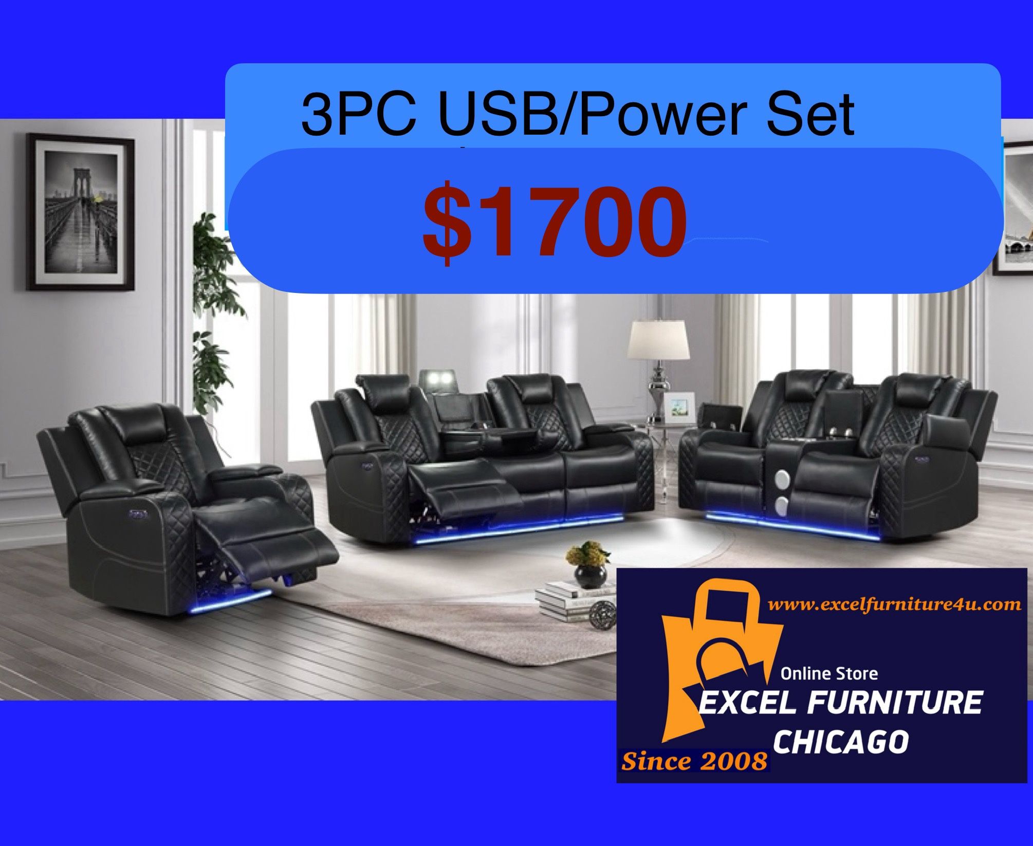 💥FREE DELIVERY💥Brand New POWER, LED, USB 3PC Reclining Sofa Loveseat Chair Set