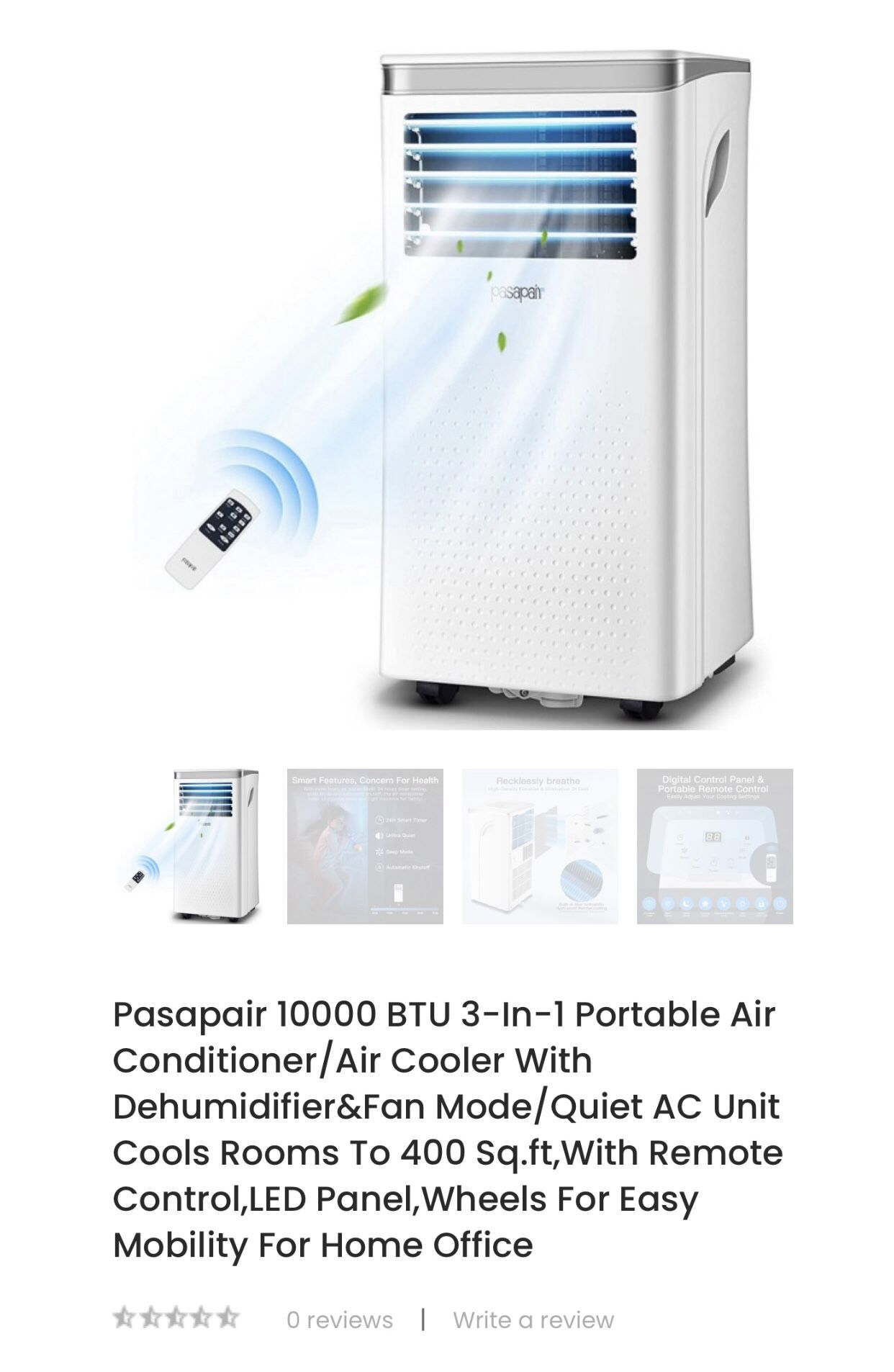 BEAT THE HEAT!!! Pasapair 10000 BTU 3-in-1 Portable Air Conditioner/Air Cooler w/ Dehumidifier&Fan Mode