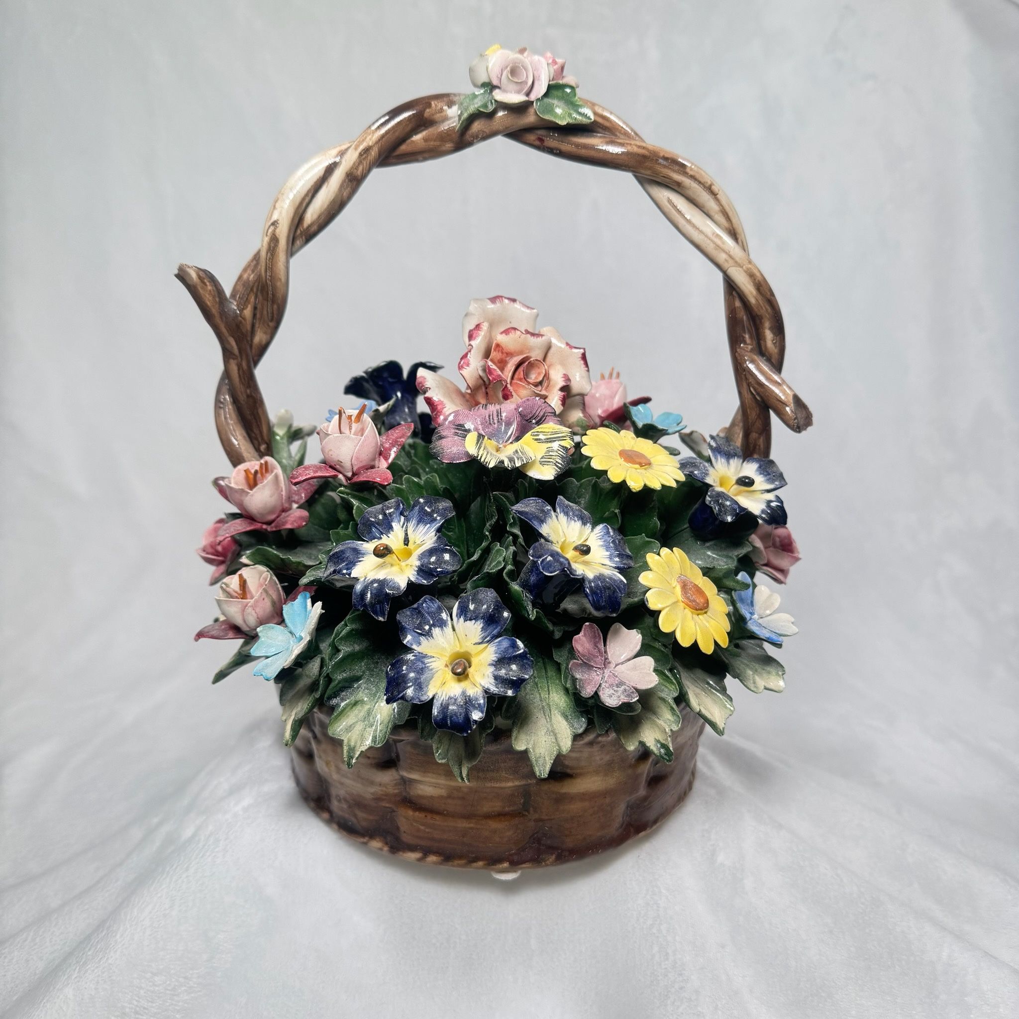 Vintage Capodimonte Ceramic Basket Bouquet of Flowers Made In Italy.
