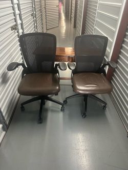 Pair of Mesh Back Office Chairs with Brown Leather Seats