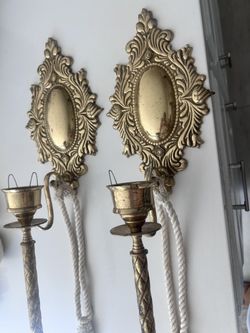 Vintage Brass Wall Sconce Pair – Ornate French Style Candle Holders
