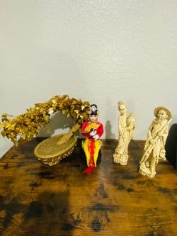 Set of 3 Resin Asian Style People Figurines, Antique Finish, Beige/Red/Yellow