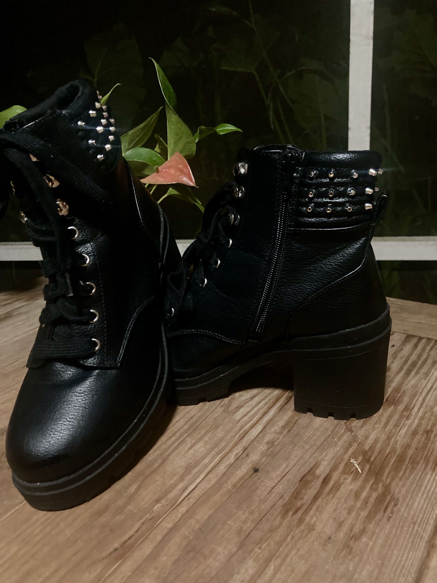 No Boundaries Women's Studded Heeled Lace Up Moto Boots-Black-