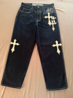 Men’s Dark Wash Baggy Jeans with Cross Embroidery Y2K