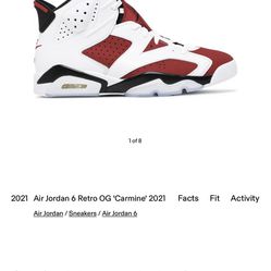 Size 6.5y Jordan Retro 6 Og “Carmines” $250 Obo 