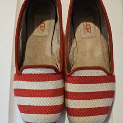 UGG Red & White Canvas Stripes Slip On Flats Shoes 