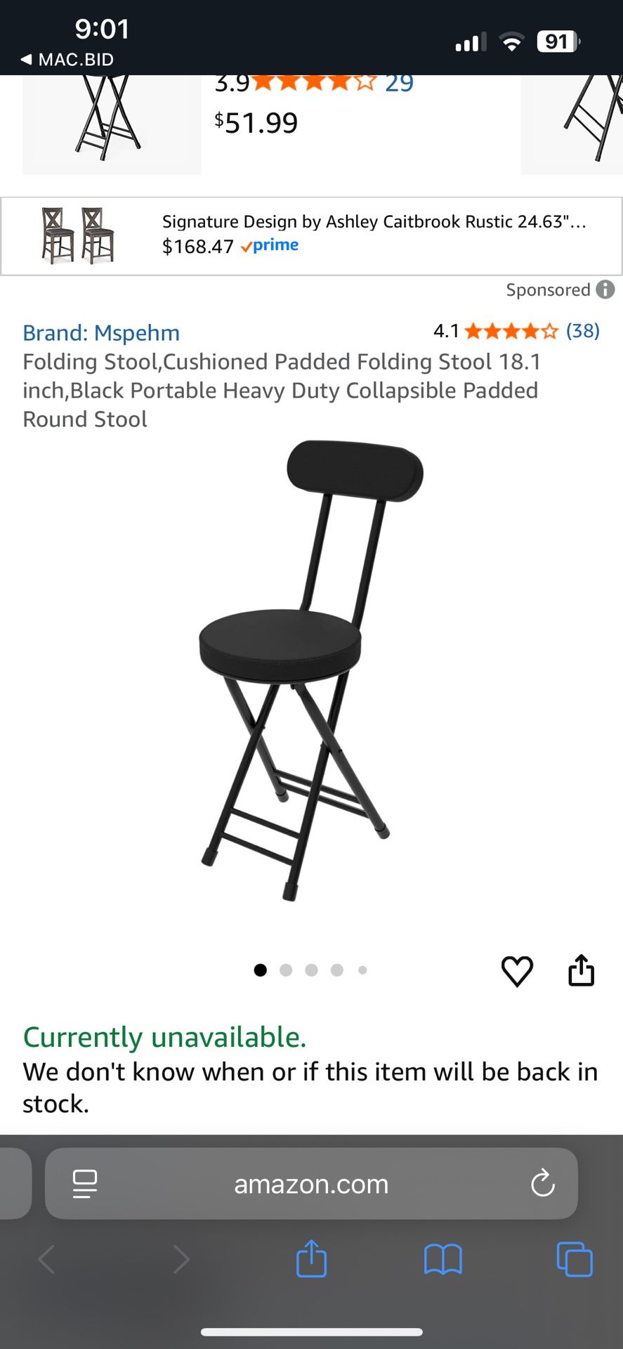 Cushioned Padded Black Folding Stool