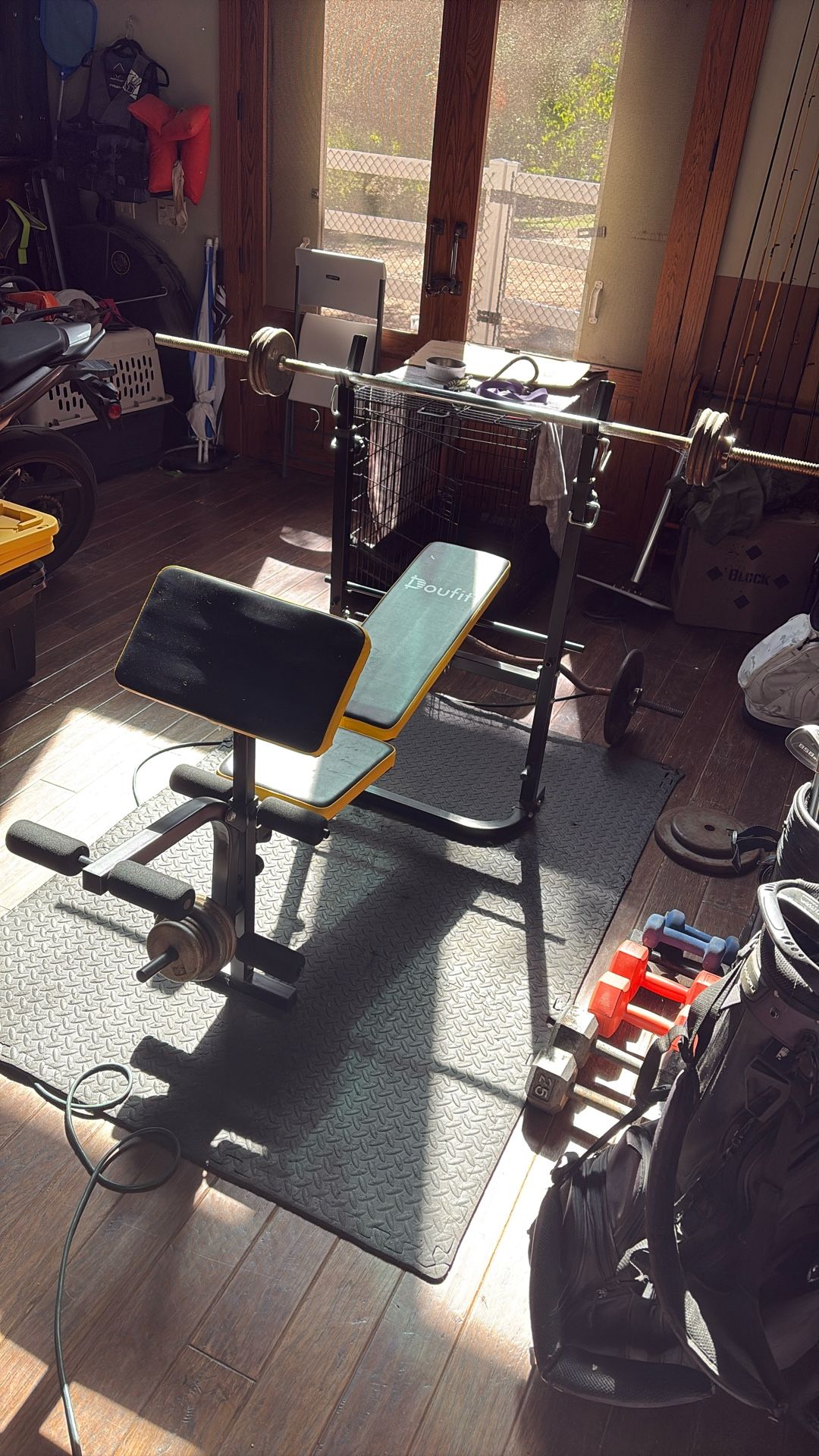 WEIGHT BENCH AND weights/bar