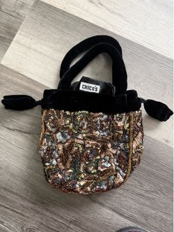 Chico’s beaded sequins flapper velvet bucket bay gold color purse