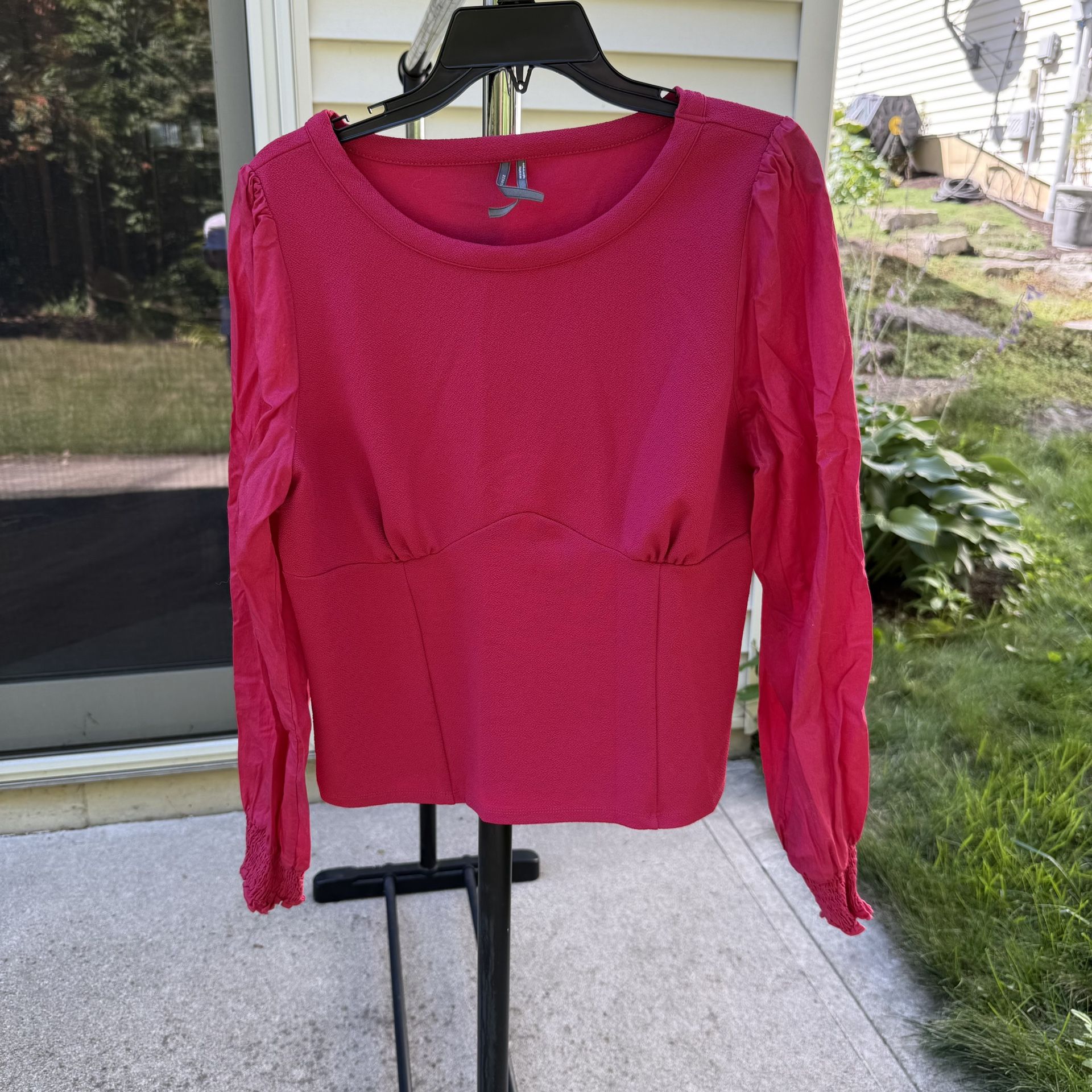 Anthropologie Hot Pink Structured Dual Fabric Fitted Long Sleeve Blouse
