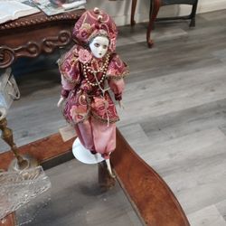 Porcelin Antique Doll On Stand 