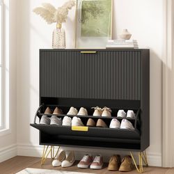 Fluted Shoe Cabinet with 2 Flip Drawers, Gold Handle and Metal Legs, Black丨Fluted Shoe Storage Cabinets, Hidden Shoe Cabinet Storage for Entryway Slim