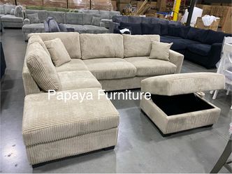 105”L Reversible chaise couch. New! Camel Plush Sectional And Storage Ottoman, Sectional Couch, Sofa, Reversible Sectional, Couch, Brown Sectional, Re