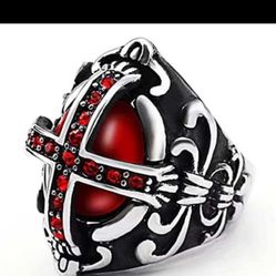 Gothic Cross Rings for men Antique Flower Carving style Ruby Stone Ring Biker 316 Stainless Steel Rings Iced Out Jewelry Punk Ring Cocktail Party Ring