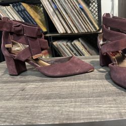 Ted Baker Burgundy Leather Heels EU Size 40 Pointed Toe W/ Bow Rose Gold Accents