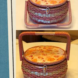 Vintage Woven Wicker Pink/Multicolor Sewing Basket With Tray- Dritz Japan. See Description