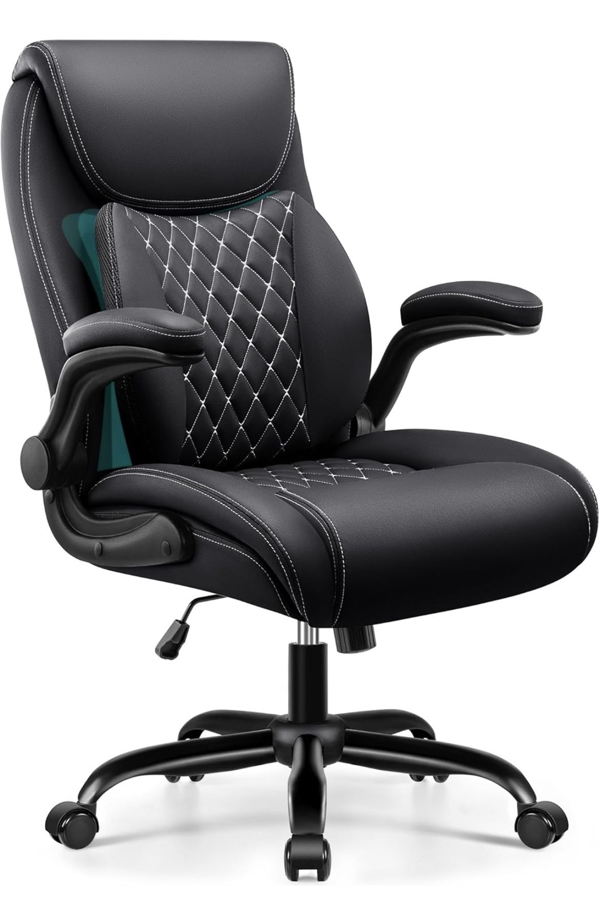 Office Chair,Ergonomic Office Chair with Lumbar Support for Lower Back Pain Relief, Executive Leather Chair with Padded Flip-up Arms, Wheels