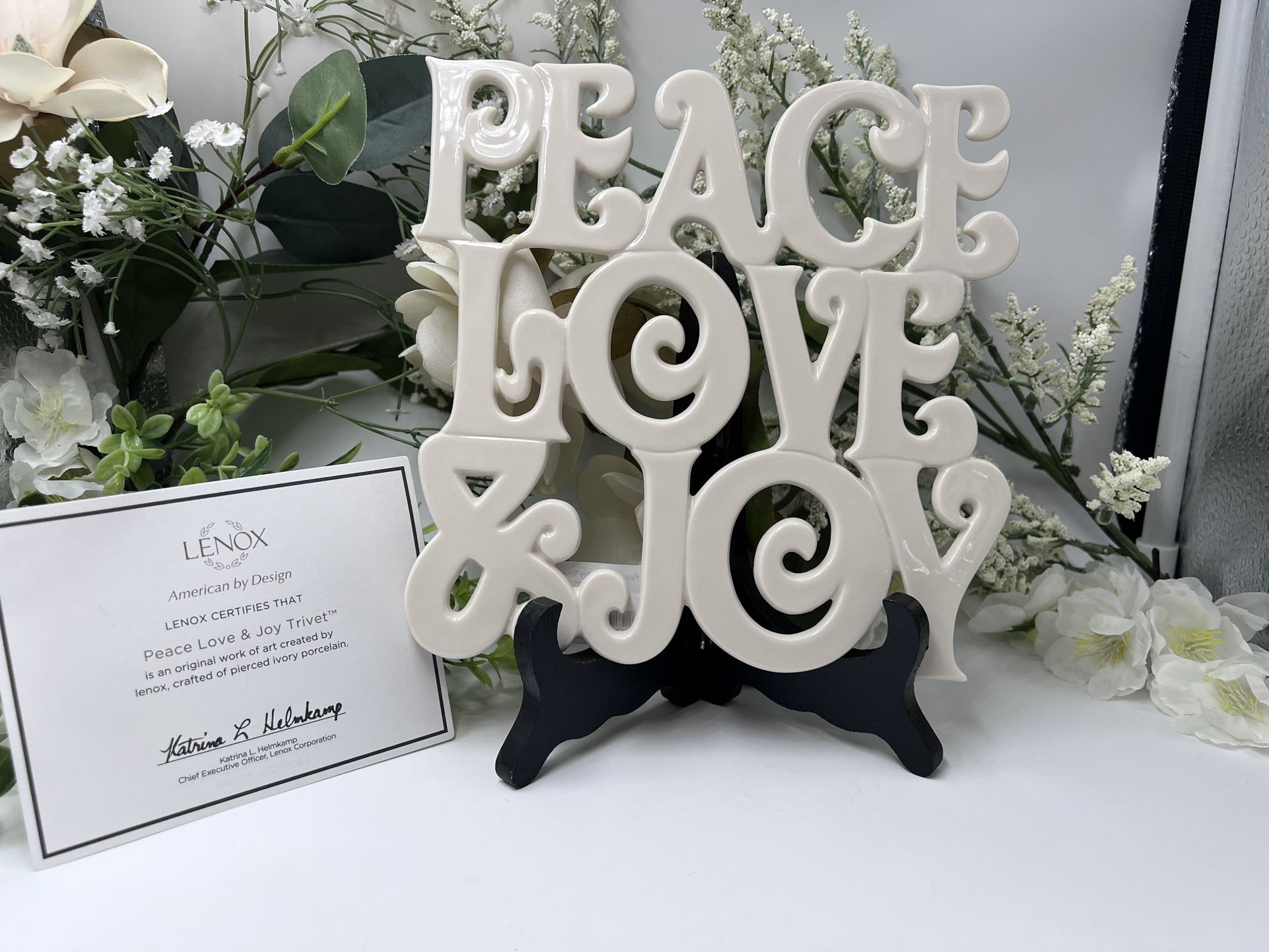 Lenox “Peace Love & Joy” Pierced Ivory Porcelain Trivet – 7” – With Certificate