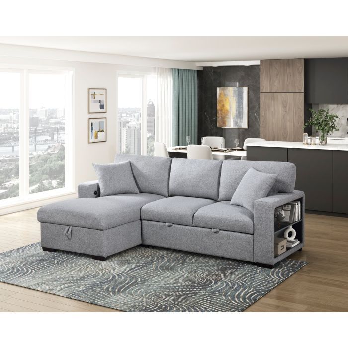 Sectional with Left Chaise, Pull-out Bed, Hidden Storages and Shelves, Charging Ports