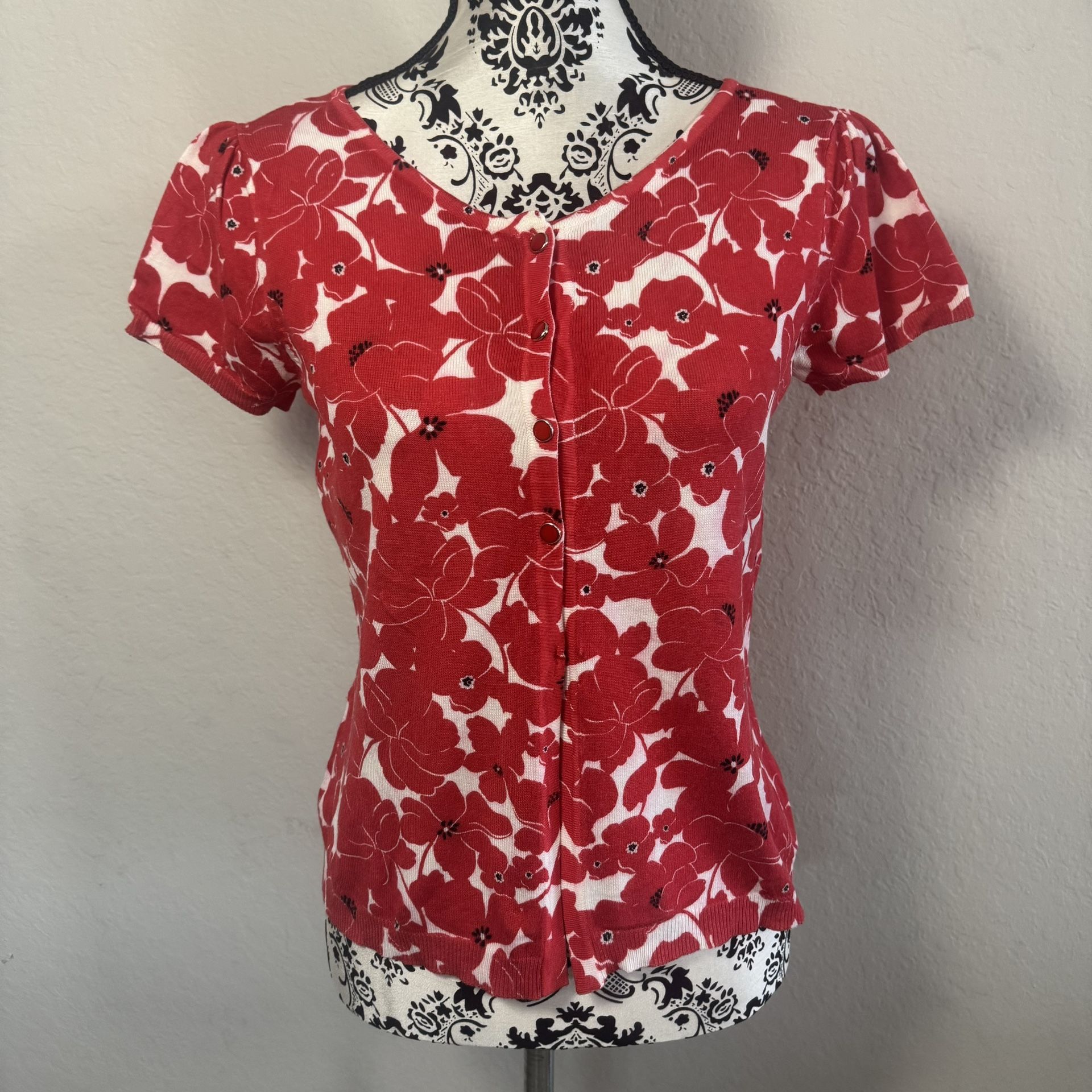 Emma James Floral Cardigan Sweater Short Sleeve Size PM Petite Medium Red White