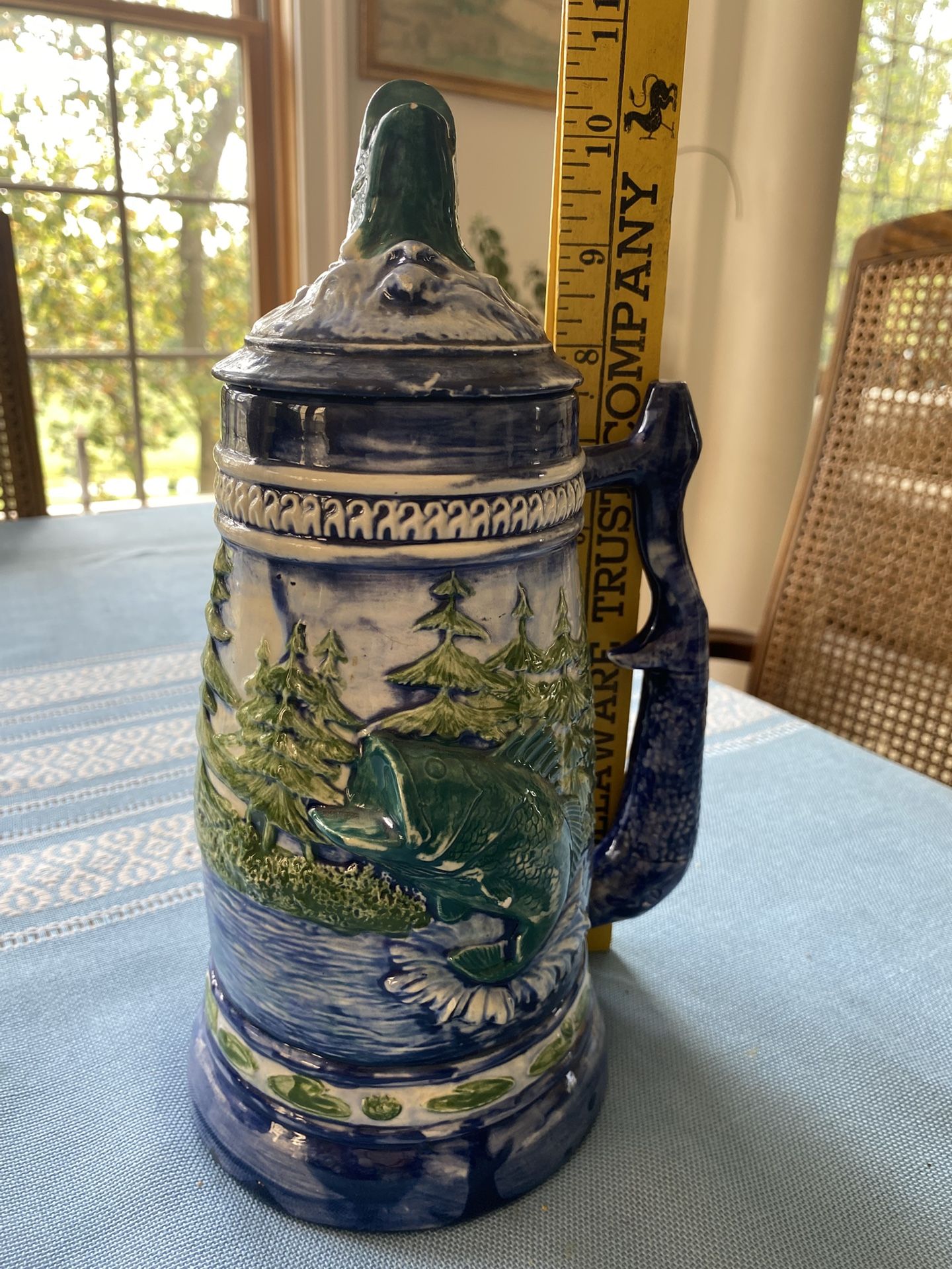 Hand painted Ceramic Blue And Green Trout Stein With Removable Lid