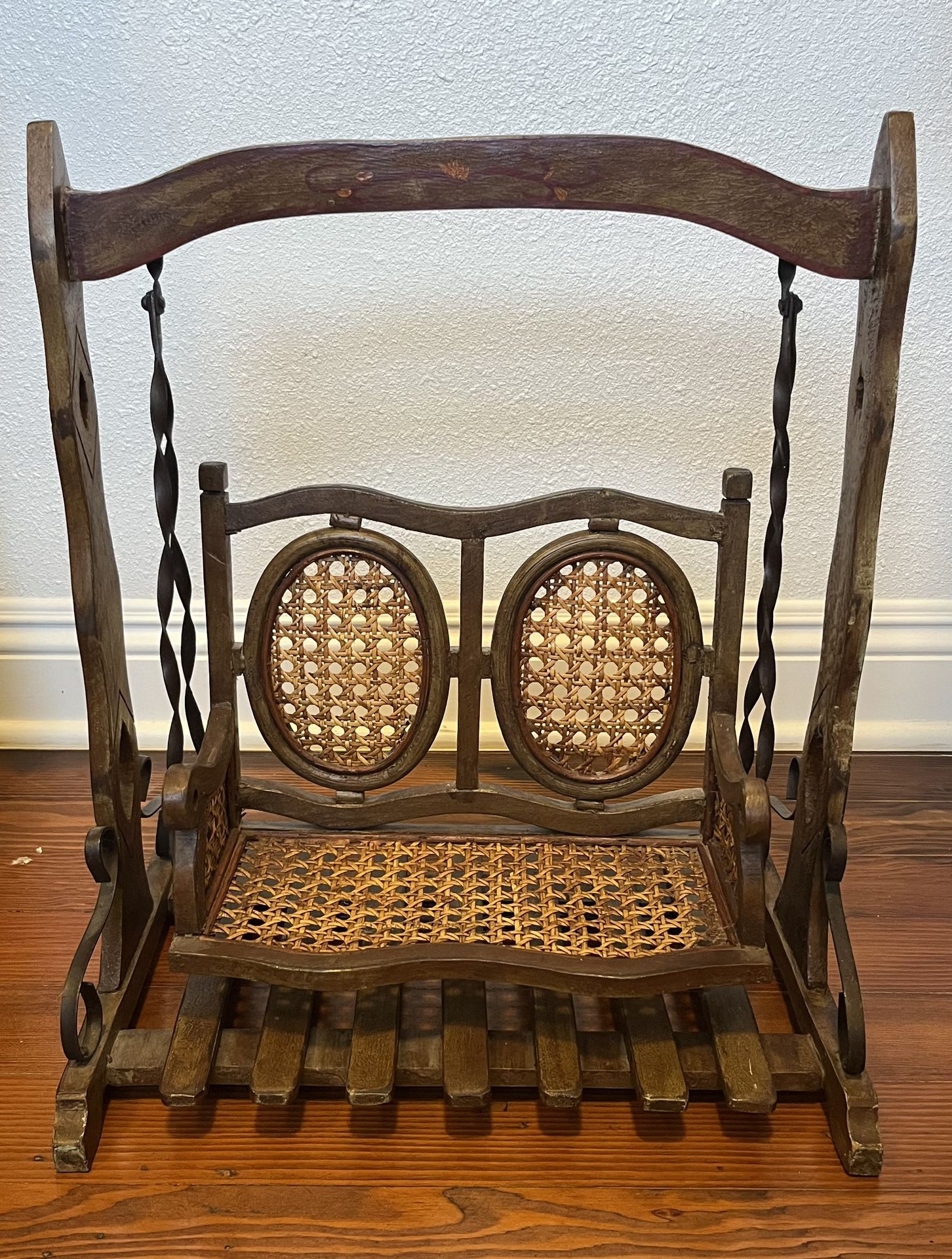 Antique French Doll Swing Chair Swing Bench Wood Rattan And Metal Swing