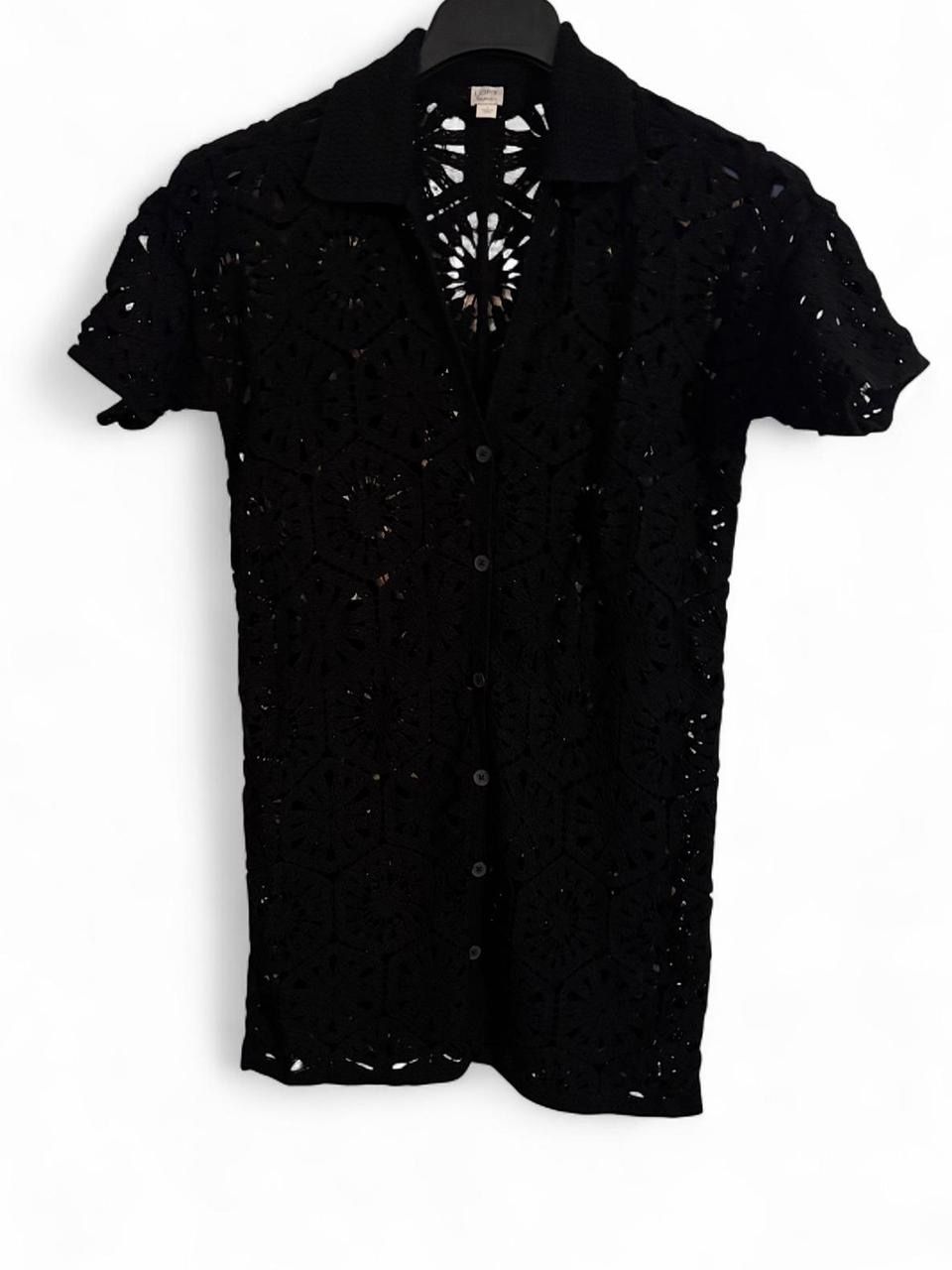 LOFT Beach Black Crochet Oversized Short Sleeve Button-Down Mini Dress Sz S $100