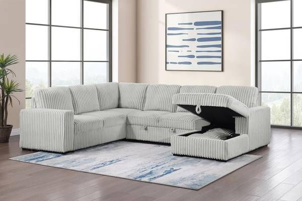 New Sleeper Sectional with Storage Chaise in Grey Corduroy Fabric! 