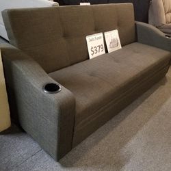 New 82" Grey Linen Sofa Futon With Cup Holders