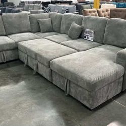 New Grey Corduroy Sectional W Pullout Bed / Storage Chaise.  92x120x61.  Free Delivery!