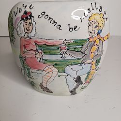 Vtg hand-painted ceramic vase signed “Jane 1999.” whimsical folk Art One Of Kind