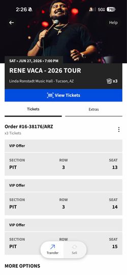 3 Tickets to Rene Vaca/ Tucson Az