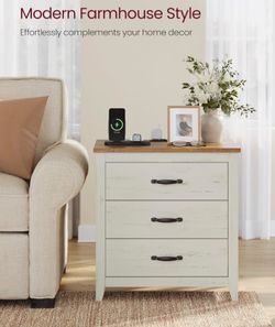 Farmhouse Nightstand with Charging Station, Bedside Table, Side End Table with 3 Drawers, for Bedroom, Rustic White and Honey Brown ULET679W01