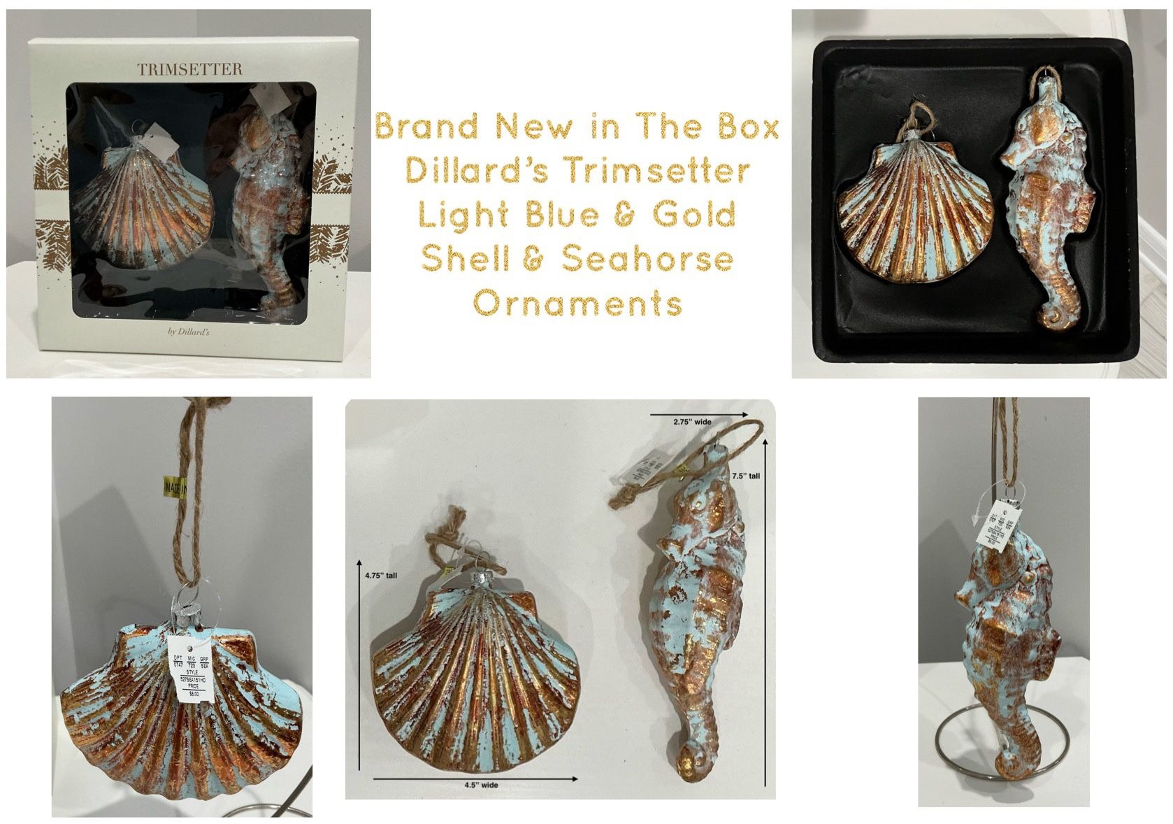 Brand New in The Box Dillard’s Trimsetter Light Blue & Gold Shell & Seahorse Ornaments