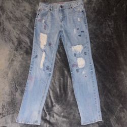 Tommy Hilfiger Rebel Distressed Embroidered Jeans Light Wash Size 20