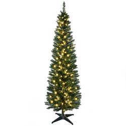HOMCOM 6' Tall Pre-Lit Noble Fir Pencil Artificial Christmas Tree w/LED Lights