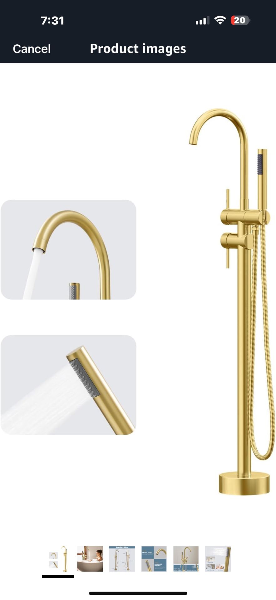 GIMILI Gold Floor Mount Bathtub Faucet Freestanding Tub Filler Standing High Flow Shower Faucets Shower Mixer Taps, Swivel Gooseneck Spout with Cylind