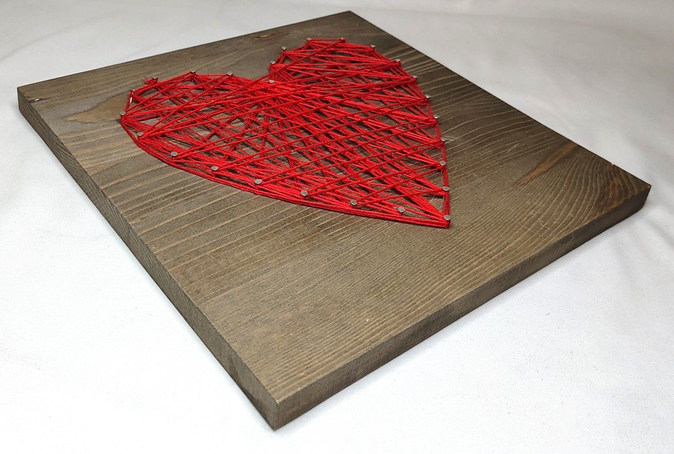 Vintage String Art Red Heart On Wood