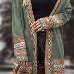 NEW Fringe Trim Duster Cardigan + Bohemian Turquoise Drop Earrings + Necklace Gift Set 