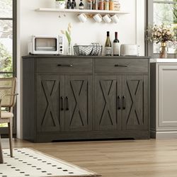   47" Farmhouse Sideboard Storage Cabinets with 4 Doors & 2 Drawers, Cabinet for Living Room, Dark Brown  Ample Storage Space: 47" inches wid