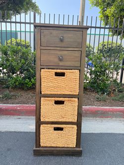 Rustic Farmhouse Storage Cabinet – 2 Drawers & 3 Wicker Baskets