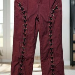 Current Mood (X) Got Me In Stitches Lace Up Denim Jeans S Red Black Wide Leg EUC