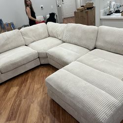New 4 Piece Corduroy Sectional.  Off White / Beige Or Grey.  90” X 127” X 66”.  Free Delivery!