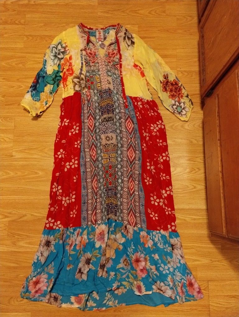 Johnny Was Seido Tiered Mixed Print Floral Embroidered Maxi Dress Small .