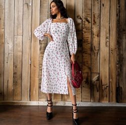 097 | Floral Square-Neck Puff Sleeve Midi Dress