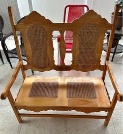 Vintage Mexican Pine Double Chair Bench Settee with Cane Details
