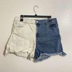 Guess Claudia High Rise Two Toned Color Block Denim Blue and White Slit Shorts