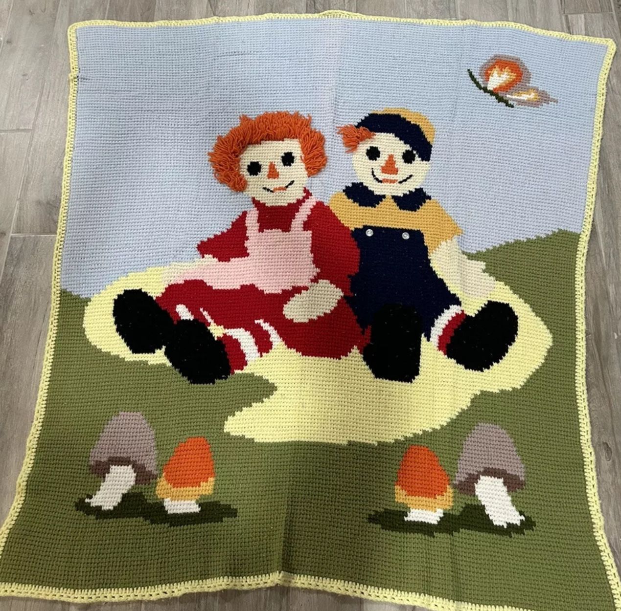 Vintage Handmade Crocheted 3D Raggedy Ann And Andy Blanket 56" x 60