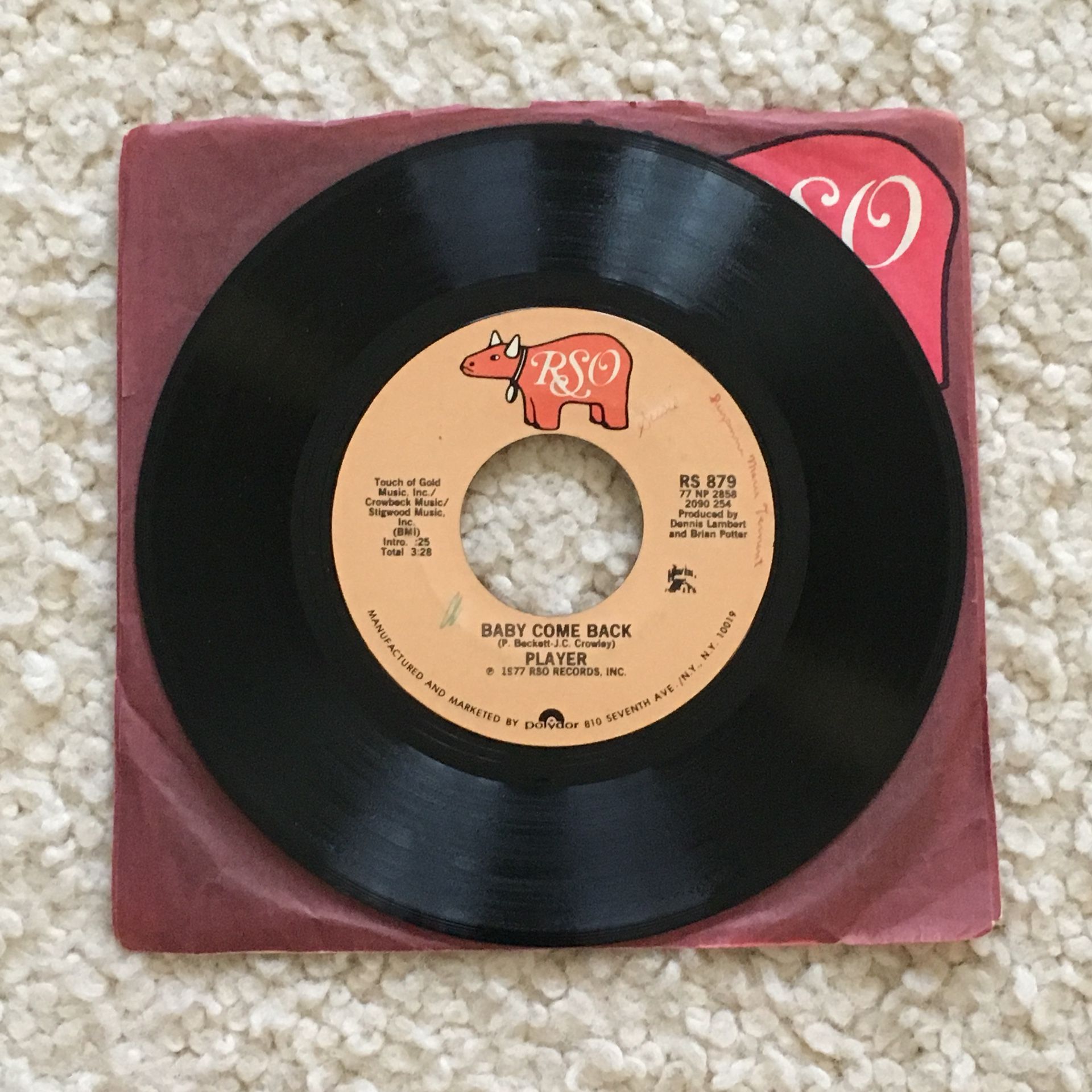 Player “Baby Come Back” vinyl 7” single 1977 RSO Records original pressing in sleeve very nice copy