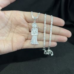 925 Sterling Silver Men Lady Santa Muerte Grim Reaper & Valentino Chain
